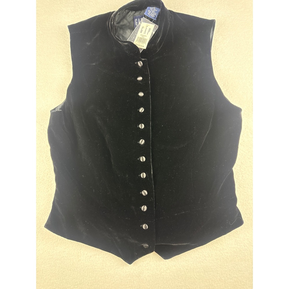 Gap Vintage Black Silk Blend Velvet Mock Neck Button Front Vest Womens Medium
